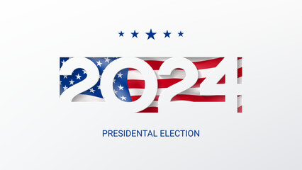 US presidential election 2024. Template of isolated typography symbol of USA election voting. Vector illustration. US Election 2024 campaign. Vote day, November 5. Paper cutout effect with USA flag.