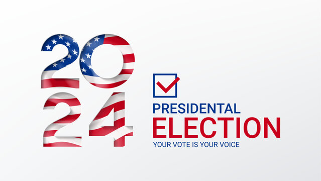 2024 presidential election banner шт USA. Template of isolated typography symbol of USA election. USA election 2024 campaign. Paper cutout effect with flag. Vector illustration.