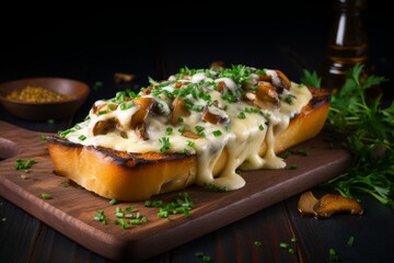Enjoying a traditional Polish Zapiekanka, a delicious open-faced sandwich with melted cheese and mushrooms, on a rustic backdrop - obrazy, fototapety, plakaty