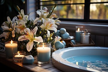 Cozy and modern Bathroom with candle bathtub and sink, beautifully decorated bathroom, Generate Ai