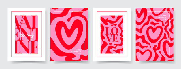 Set of trendy Valentine's Day posters. Concept of modern typographic design with hearts, abstract liquid or marble pattern. Posters for party banner, flyer, celebration, ad, branding, cover, sale. - obrazy, fototapety, plakaty
