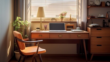 Mid-century home office featuring a vintage desk, iconic chair, and curated design elements inspired by Copenhagen's aesthetic