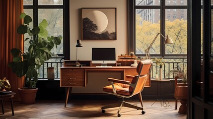 Mid-century home office featuring a vintage desk, iconic chair, and curated design elements inspired by Copenhagen's aesthetic