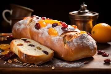 An appetizing Buccellato, a traditional Italian Christmas bread, topped with colorful candied fruits and dusted with sugar