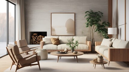 Naklejka na ściany i meble Mid-century living room with a focus on Scandinavian design, showcasing organic shapes, natural materials, and cozy textures