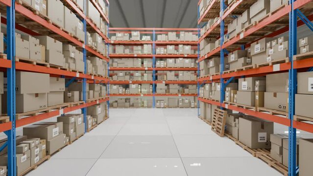 Scanner scanning inventory or delivery boxes or parcel or stock in a warehouse. 4k 3D animation.
