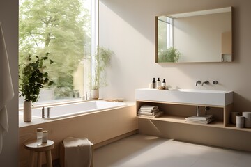 Fototapeta na wymiar Mid-century modern bathroom in a Copenhagen residence, highlighting clean lines, organic textures, and a serene ambiance
