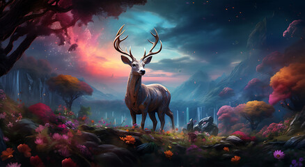A deer stands under a sky surrounded by colorful flowers and trees