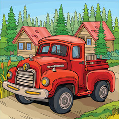 A Cartoon Illustration Of A Red Truck In The Countryside. Old Red Pickup Truck Vector Illustration. Cartoon Truck Scenery. Red Truck In Front Of Two Houses. Old Vintage Red Truck.
