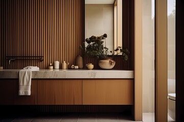 Mid-century modern bathroom in a Copenhagen residence, highlighting clean lines, organic textures, and a serene ambiance