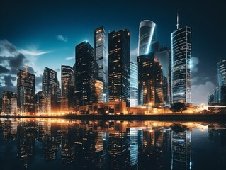 Gleaming skyscrapers bathed in vibrant city lights, towering majestically against the night sky's canvas.