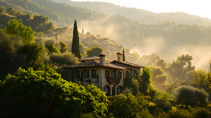 A secluded villa in Cyprus, with lush green hills as the background, during a misty morning - obrazy, fototapety, plakaty