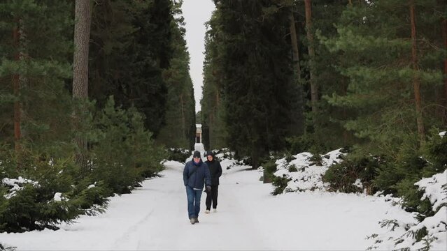 Stockholm, Sweden A father and son walk through the Woodland Cemetery, a Unesco World Heritage site, in winter. 