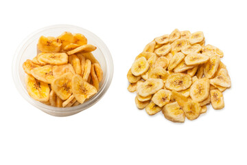Banana chips isolated on a white background. Dehydrated banana.