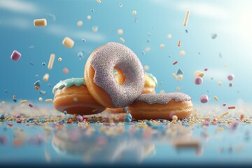 Cute donuts glazed and flying over blue. Colorful sprinkles falling. Creative 3D square art. Generative AI