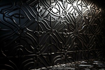 Polished black tile wallpaper with elaborate arabesque motifs, creating a futuristic 3D wall background. Generative AI