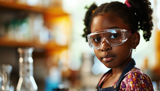 Young African American girl in protective goggles in a science lab setting