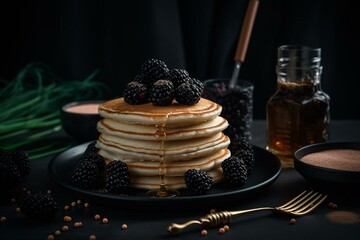Caviar-topped fluffy pancakes. Generative AI