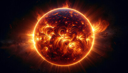 Yhe sun in space, showcasing its blazing glory. The sun should be the central focus, depicted with a fiery surface, bursting. Created by using generative AI tools