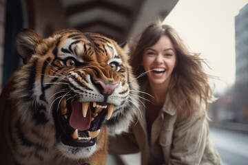 beautiful young woman playing and roaring with tiger - obrazy, fototapety, plakaty