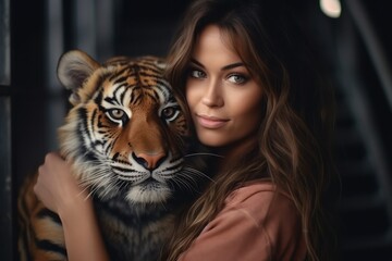 beautiful young woman hugs and playing with tiger - obrazy, fototapety, plakaty
