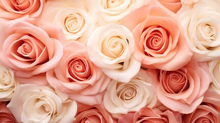 A top view of beautiful pink roses in various shades, forming a floral background texture
