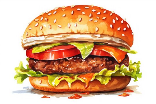 watercolor art of a delicious burger on a white background