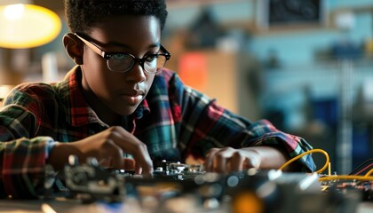 Young African American boy working on electronic project