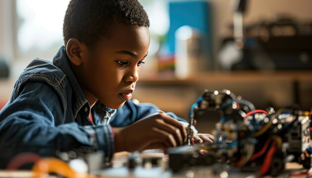 Young African boy engaging with robotics and electronics in a learning environment