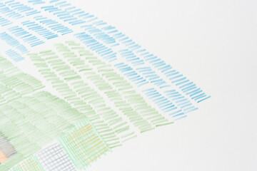 green and blue short lines or shading effect on smooth paper applied in arrow form