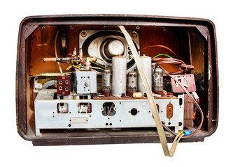Vintage Radio inside tubes, wires, cabinet. Old vacuum tube radio inside, Antique. Transparent...