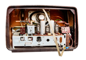 Vintage Radio inside tubes, wires, cabinet. Old vacuum tube radio inside, Antique. Transparent background