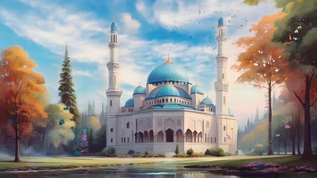 Beautiful mosque building with nature landscape in the morning. watercolor digital painting illustration style. Seamless Animation 4K Video Background.