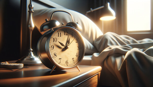 Vintage alarm clock next to a bed, depicting an early morning scene. The focus is on the details of the alarm clock. Created by using generative AI tools