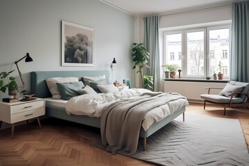 Fototapeta na wymiar Mid-century Scandinavian bedroom in Copenhagen, featuring a platform bed, textured rugs, and a serene color palette