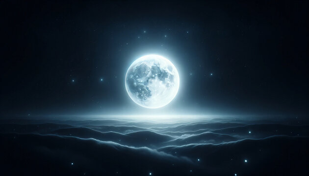 White full moon in a dark night sky, surrounded by stars. The moon is bright and prominent, casting a soft glow in the dark sky. Created by using generative AI tools