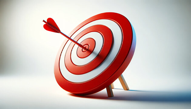 A photorealistic image of a red target with a red arrow striking the bullseye, set against a completely white background. Created by using generative AI tools