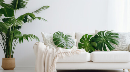 Patterned pillow and blanket on sofa in white living room interior with monstera leaves