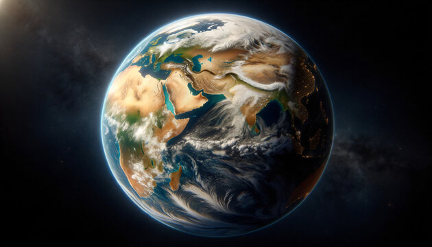 A highly realistic depiction of Earth from space, showcasing our planet in stunning detail. The image should capture the Earth in its entirety. Created by using generative AI tools