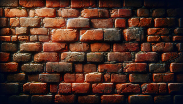 A highly realistic and detailed depiction of a grunge red brick wall background. The image should showcase the texture and character of the bricks. Created by using generative AI tools
