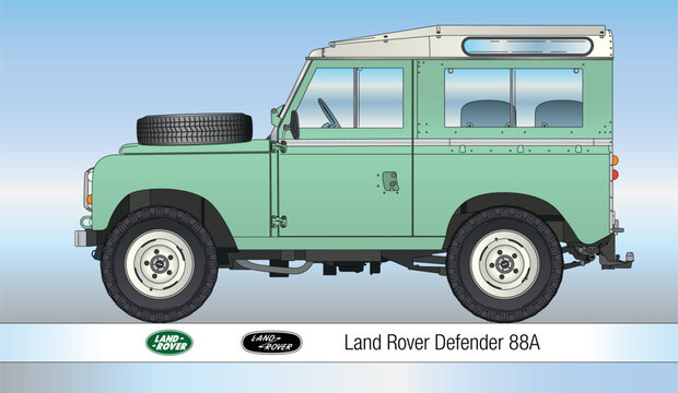 United Kingdom, year 1971, Land Rover Defender 88A, vintage classic off-road car, coloured silhouette vector illustration