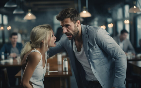 Homem nervoso e ciumento brigando com mulher triste sofre em estabelecimento comercial