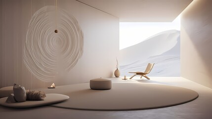 Minimalist meditation room with spoty-themed wall art, neutral tones, and a cozy reading corner