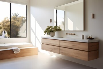 Minimalist modern classic bathroom with a floating vanity, frameless mirror, and a focus on simplicity and functionality