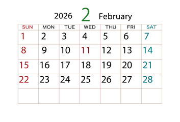 2026年カレンダー2月
