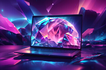 Laptop with crystals on the screen with low polygonal crystal background. Neon colors. Generative AI