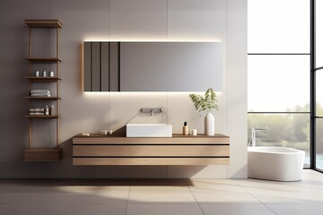 Minimalist modern classic bathroom with a floating vanity, frameless mirror, and a focus on simplicity and functionality