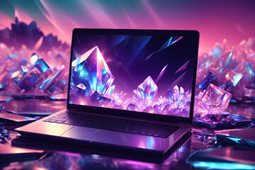 Laptop with crystals on the screen with low polygonal crystal background. Neon colors. Generative AI