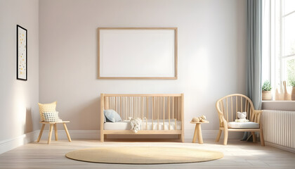 Mock-up-frame-in-children-room-with-natural-wooden-furniture--3D-render