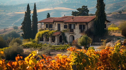 A rustic Cypriot villa, with vineyards as the background, during a sunny autumn day
